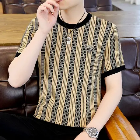 短袖针织t恤男春秋季潮流韩版圆领毛衣ins冰丝夏装薄款凉感体恤衫商品大图