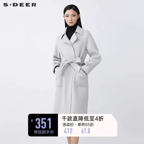 sdeer圣迪奥秋冬翻领条纹收腰长款通勤毛呢大衣S21461816图片