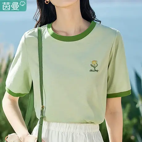 茵曼短袖正肩T恤2024年夏季新款女士宽松圆领刺绣白色小衫体桖衫商品大图