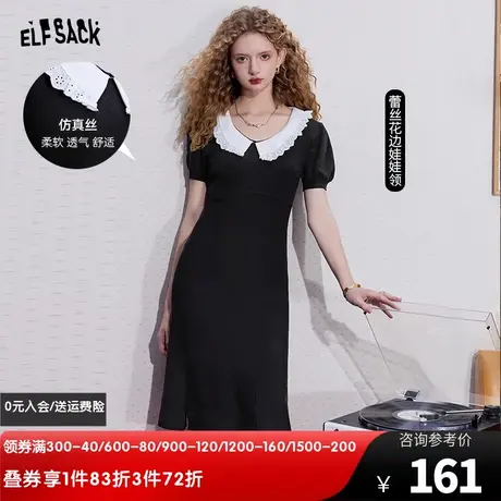 妖精的口袋泡泡袖连衣裙女2024春秋新款短袖高腰显瘦娃娃领小黑裙图片