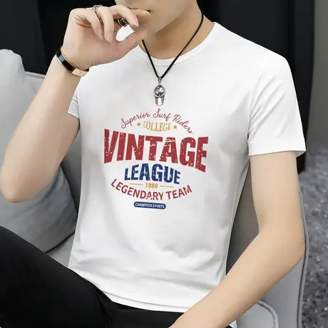 莫代尔冰丝t恤男士短袖凉感速干半袖白色圆领上衣服夏季潮流体恤图片