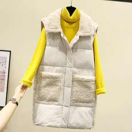 棉马甲女2023秋冬新款时尚韩版中长款羊羔毛领拼接马夹羽绒棉服潮图片