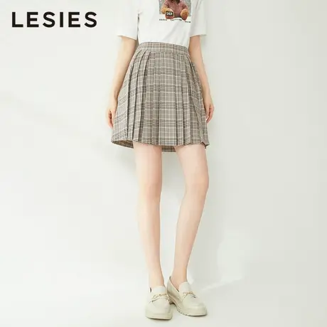 LESIES蓝色倾情春秋新款女格子中腰百褶jK学院风半身裙短裙子图片