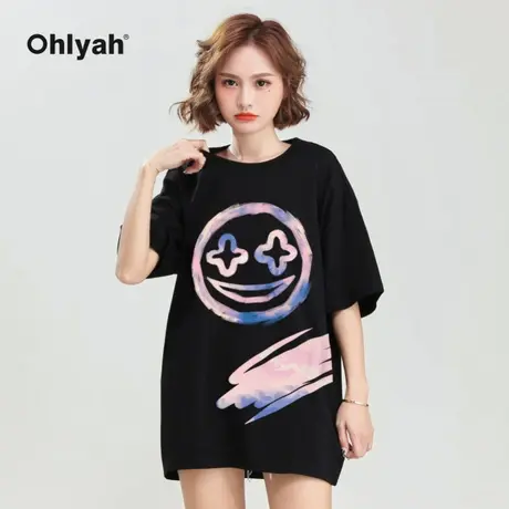 Ohlyah笑脸涂鸦情侣装夏装港风ins潮牌嘻哈短袖黑色T恤女半袖体恤图片