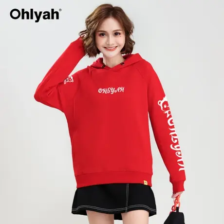 Ohlyah品牌 潮牌连帽卫衣女秋冬套头外套红色情侣学生上衣新年装商品大图