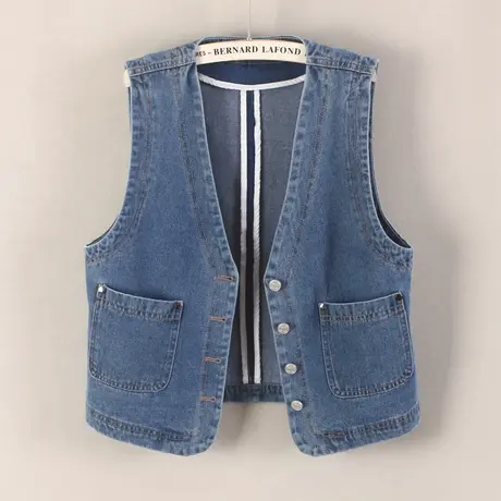 牛仔马甲女背心短款2023春秋新款无袖休闲小外搭修身V领坎肩深蓝1商品大图