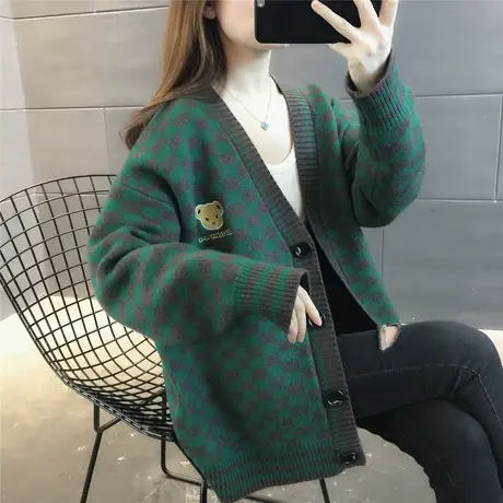 棋盘格v领针织开衫2023秋装新款宽松慵懒风外穿上衣外搭毛衣外套图片