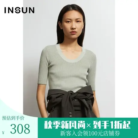 恩裳春秋季商场同款浅绿色短袖上衣圆领优雅减龄毛针织衫商品大图