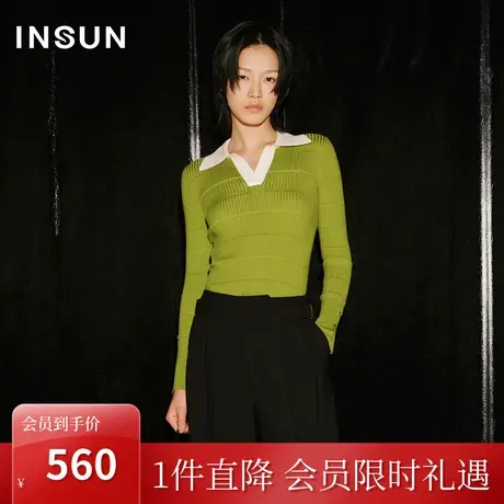 恩裳COVER2023秋季新款法式POLO衫修身提花肌理感羊毛混纺针织衫图片