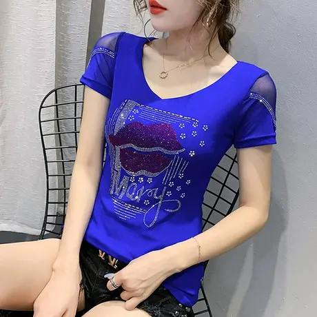 性感V领网纱T恤女短袖时尚重工烫钻上衣2023夏季新款镂空心机小衫图片