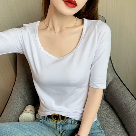 白色大圆领纯棉中袖t恤女春夏季2023新款修身五分半袖上衣体恤薄商品大图