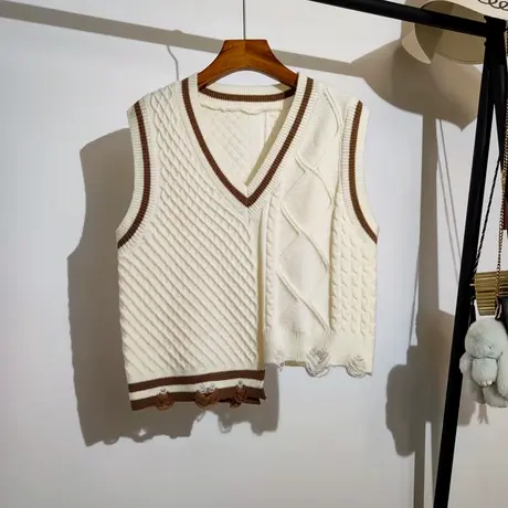 不规则针织马甲背心女春秋新款宽松v领套头叠穿无袖毛衣坎肩外套商品大图