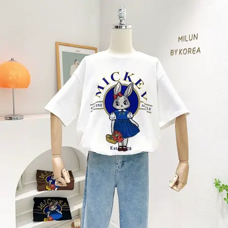 2023春夏新款韩国东大门韩版复古重工兔子短袖欧货洋气别致T恤衫商品大图