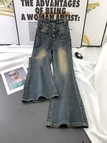 韩版假口袋牛仔喇叭裤女2023秋季新款高腰显瘦弹力微喇裤马蹄长裤商品大图