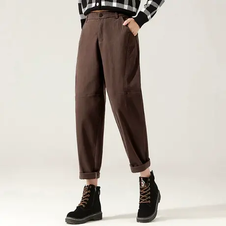 咖啡色裤子女春秋大码女裤老爹萝卜裤休闲九分裤秋冬加绒裤哈伦裤商品大图