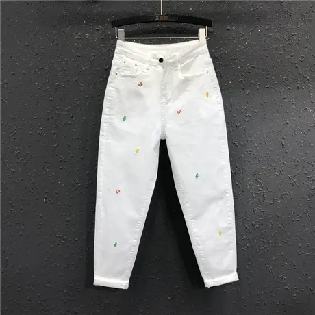 欧货刺绣老爹裤白色裤子潮23春季新款港味宽松休闲高腰牛仔哈伦裤图片