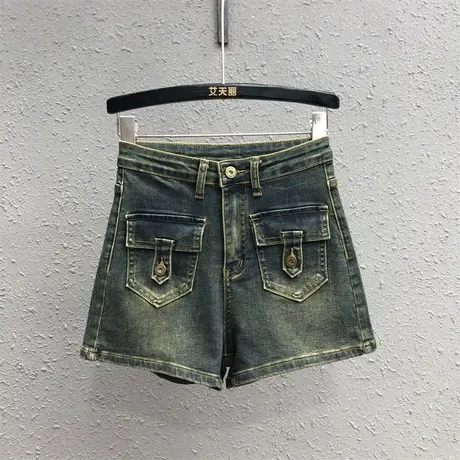怀旧复古设计感口袋牛仔短裤女2023秋季新款高腰显瘦提臀阔腿裤潮商品大图