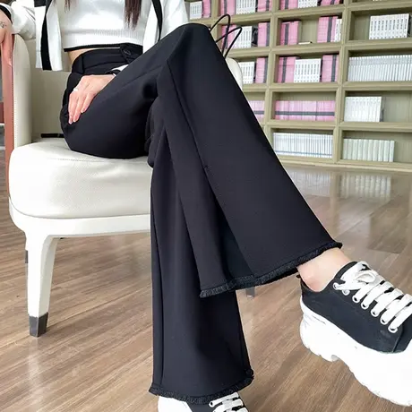 黑色微喇裤女春秋新款2023新款高腰弹力显瘦垂感开叉西装喇叭裤子商品大图