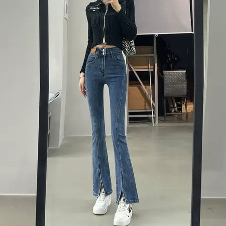 复古蓝微喇叭牛仔裤女春秋2023年新款小个子高腰百搭显瘦开叉裤子商品大图