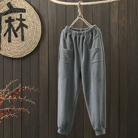 枫谜2021年秋冬新款文艺简约加绒卫裤女休闲加厚束脚裤休闲哈伦裤图片