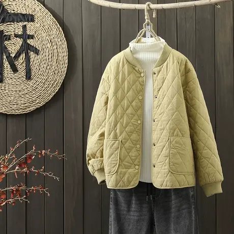 枫谜2021年冬季新款文艺简约菱形立领棉衣女宽松夹棉保暖外套上衣图片