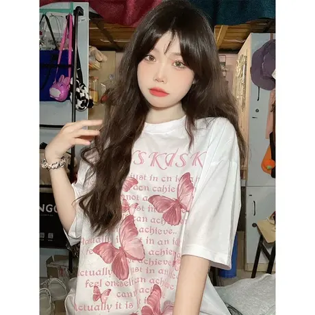 2023年新款原创设计感港风宽松印花白色短袖t恤女夏季上衣ins潮牌商品大图