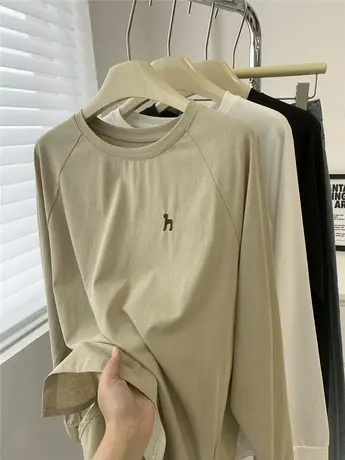 雪花棉插肩袖T恤女宽松休闲大版t秋季薄款外穿圆领套头长袖上衣图片