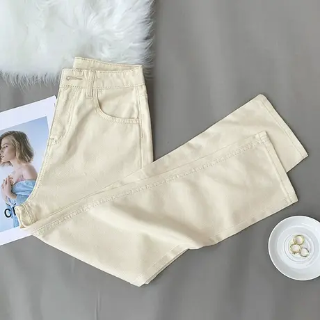 清仓拍的捡漏外贸梨形身材遮肉薄米白色牛仔裤女哈伦直筒小个子潮商品大图