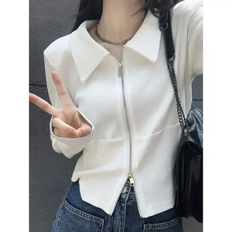 双拉链POLO衫T恤长袖女初秋韩版修身显瘦设计感小众短款开衫上衣商品大图
