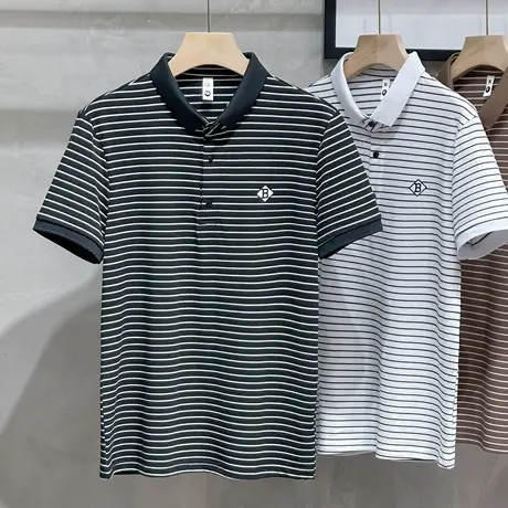 短袖t恤男2023夏装新款翻领POLO衫时尚潮牌韩版冰感休闲条纹半袖商品大图