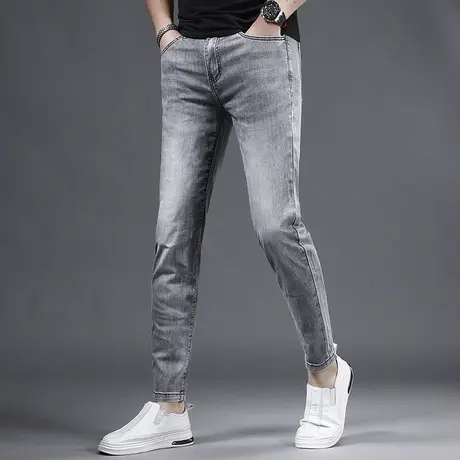 2023夏季冰丝九分牛仔裤男浅灰色修身小脚弹力百搭男士潮牌9分裤图片