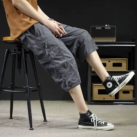 夏季薄款七分裤男工装裤松紧腰纯棉中裤宽松运动短裤大码休闲马裤商品大图