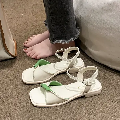 法式细带凉鞋女夏平底百搭黑色方头一字带简约ins潮大学生罗马鞋商品大图