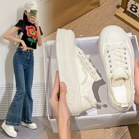 小香风帆布鞋女厚底透气饼干鞋防滑四季新款百搭增高松糕小白鞋潮商品大图