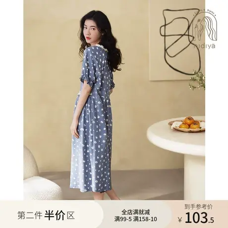 妮狄娅2023睡衣睡裙女夏季纯棉薄款短袖套头宽松碎花家居服中长裙图片