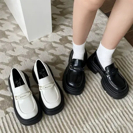 乐福鞋女2024年新款春秋季百搭超火单鞋厚底英伦一脚蹬粗跟小皮鞋商品大图