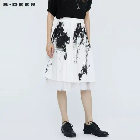 sdeer圣迪奥女装水墨晕染网纱拼接时尚半身裙S21281119图片