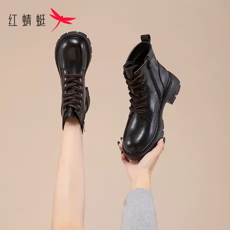 红蜻蜓真皮马丁靴女款加绒靴子短靴女2023冬季新款女士厚底英伦潮图片