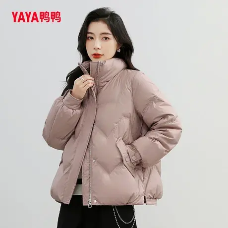 鸭鸭羽绒服女2023秋冬季新品短款双层拼色针织立领茧型面包服J图片