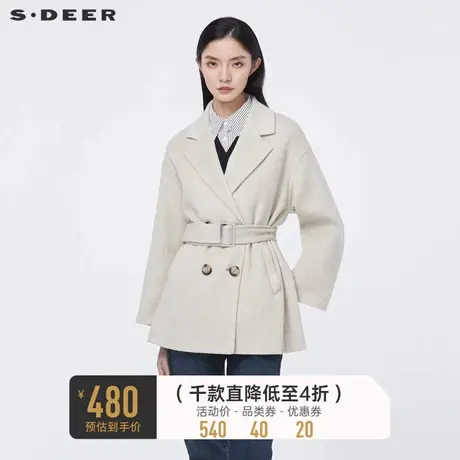 sdeer圣迪奥冬季休闲西装领双排扣收腰中长款毛呢大衣S21461701图片