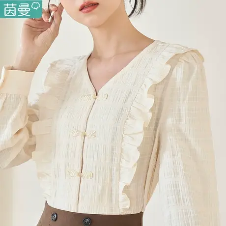 茵曼法式中式盘扣v领复古衬衫女士2023年秋季新款别致休闲上衣商品大图