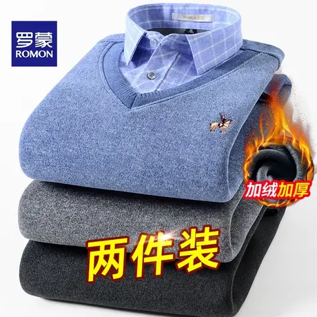 Romon/罗蒙加绒保暖衬衫男加厚假两件中老年休闲宽松大码冬季衬衣商品大图