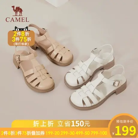 骆驼女鞋2023年夏季新款复古鞋时装包头凉鞋女真皮厚底罗马凉鞋女图片