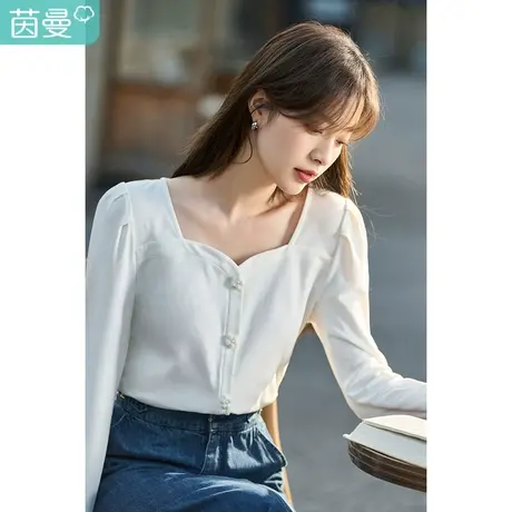 茵曼2023春女装新款法式弹力显瘦桃心领泡泡袖修身长袖T恤上衣图片