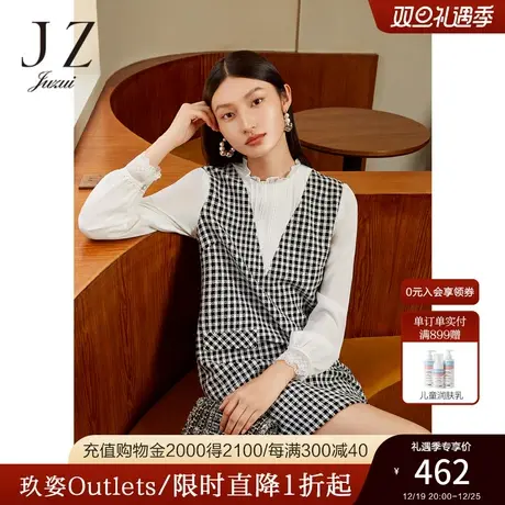 JZ玖姿假两件格纹连衣裙女装2022秋季新款雪尼尔复古宫廷风裙子图片