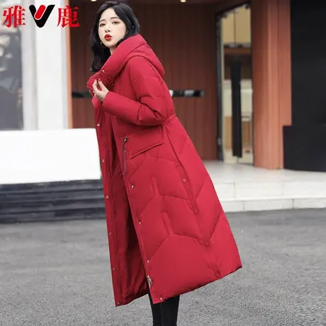 雅鹿红色羽绒服女中长款2022冬季新款长过膝休闲宽松保暖连帽外套商品大图