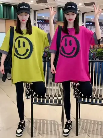 夏装新款笑脸欧货大版宽松百搭显瘦撞色短袖T恤女休闲上衣外穿潮商品大图