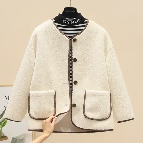 圆领纯色羊羔毛外套女2023秋冬新款韩版宽松大版时尚简约开衫上衣商品大图