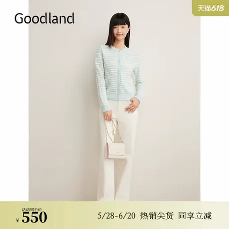 Goodland美地女装2024冬季新款撞色条纹花纱小香风毛针织衫图片