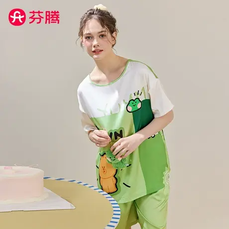 芬腾女士睡衣夏季冰丝短袖短裤薄款布朗熊女款可爱大码家居服套装商品大图